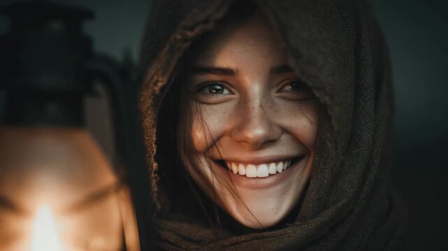 Medieval girl smiling while holding lantern under old brown robe, warm fantasy portrait with rustic historical atmosphere and glowing firelight mood