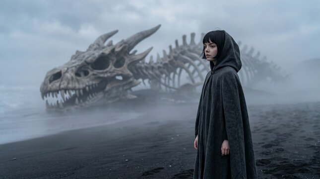 A hooded figure stands on a black sand beach beside a colossal dragon skeleton emerging from the mist. The scene feels legendary and somber, a quiet encounter with a fallen titan
