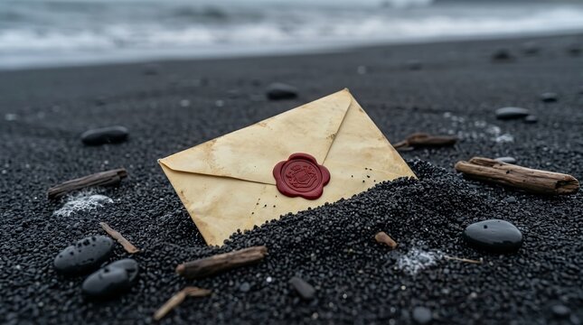 A weathered envelope with a red wax seal lies partially buried in dark volcanic sand. The scene feels like a secret message from the past, evoke a sense of mystery and longing.