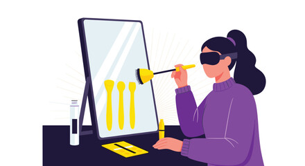 Fototapeta premium Woman wearing a blindfold or VR headset uses a brush to apply makeup following guided yellow marks visible in a large mirror.