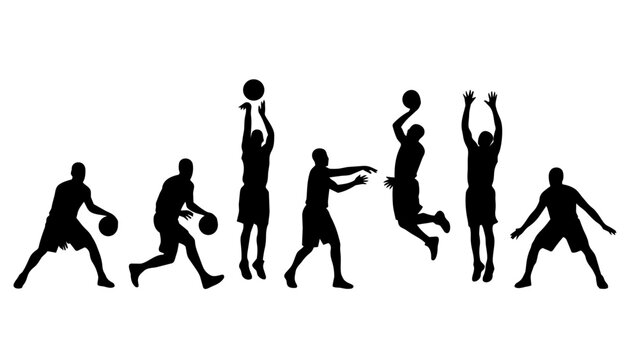 Basketball Player Silhouette Collection Featuring Slam Dunk Dribble and Competitive Court Action Vector Pack