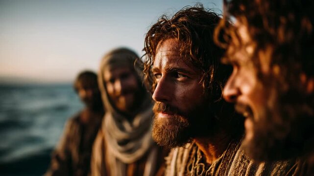 Jesus Christ with apostles on boat at sea, dramatic biblical scene with spiritual atmosphere, ocean waves, and historical Christian storytelling setting