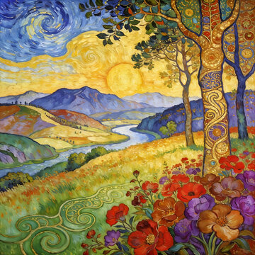 Textured floral landscape with river, mountains and vibrant flowers, rich colors and expressive impasto brushwork.