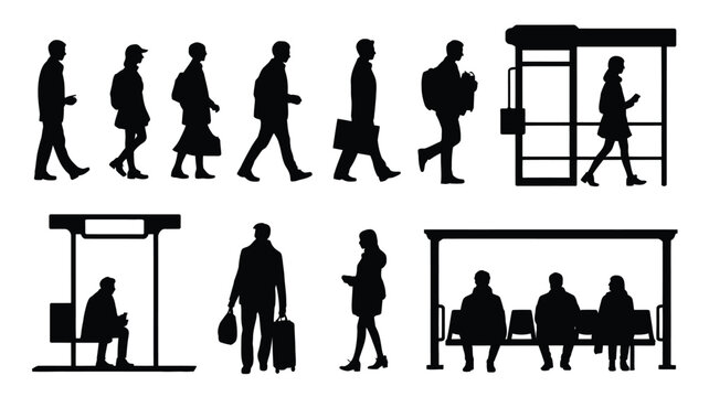 Commuting People Silhouette Set Vector with Daily Transportation Poses
