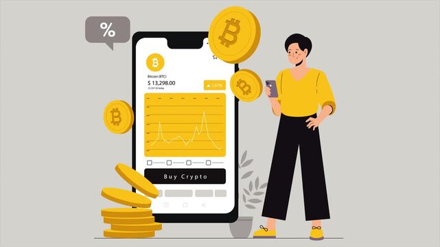 Seamless loop animation of a woman using a crypto trading app on a smartphone, featuring a Bitcoin price chart, gold coins, and financial growth symbols for digital investment concepts.