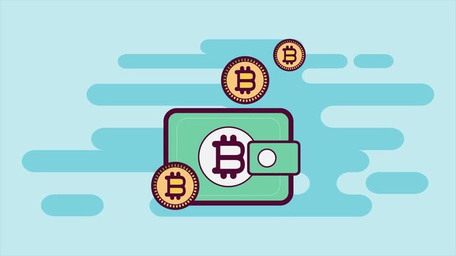 Bitcoin Digital Wallet Animation: Crypto Coins Floating into Secure Green E-Wallet on Blue Background, Seamless Loop for Financial Growth.