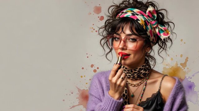 Vintage inspired woman applying red lipstick with colorful headscarf, scarf and glasses