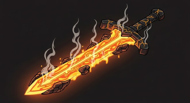 Fiery Sword of Lava and Stone, Fantasy Weapon, Game Art
