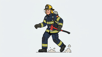 Obraz premium Illustration of a courageous firefighter in protective gear holding an axe.