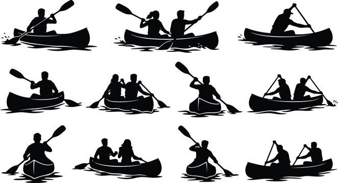 People canoeing and kayaking with paddles isolated on white background, Vector