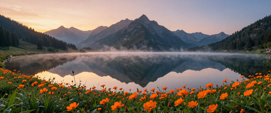 Bergsee mit orangen Wildblumen im Vordergrund