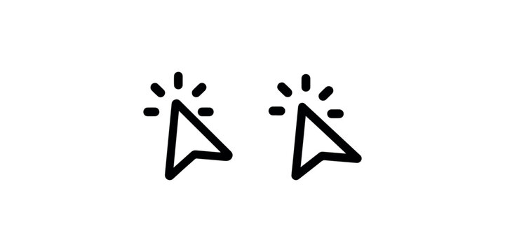 Click vector icon illustration, two minimal outline computer cursor symbols with glowing effect isolated on white background, black and white.