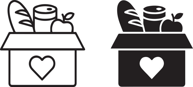 Food donation boxes with heart symbol black and white icon set charity aid food bank volunteer kindness generosity helping hand community service
