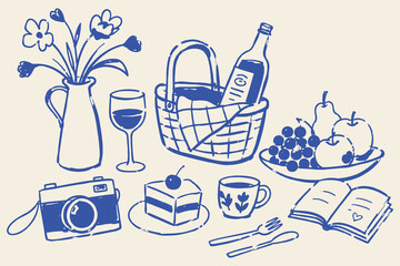 Fototapeta na wymiar Picnic Basket Flowers Wine Blue Ink Sketch Set Vector