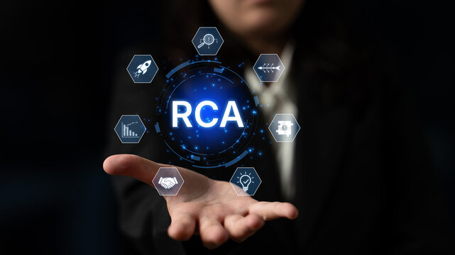 Business professional showcasing innovative RCA concepts with holographic icons representing data analysis, collaboration, strategy, and progress in a modern environment. Bitwise.