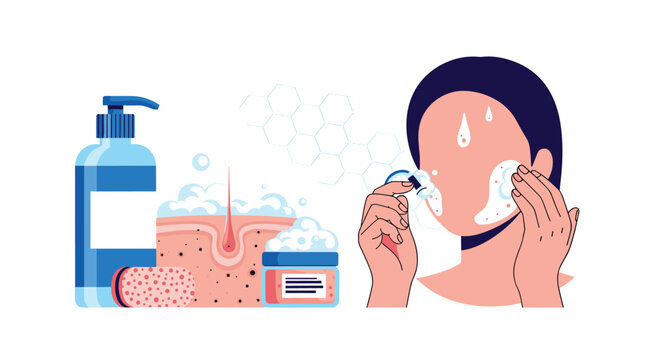 Young woman performing daily skincare routine with facial cleanser and serum while various beauty products are displayed in background.