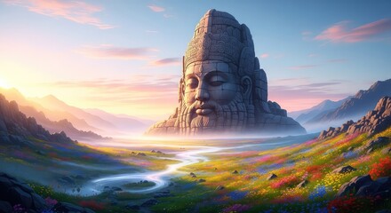 Fototapeta premium A colossal stone deity monument gazes over a majestic magical valley filled with colorful wildflowers, shrouded in mist under a soft glowing sunrise, atmospheric, environment, divine