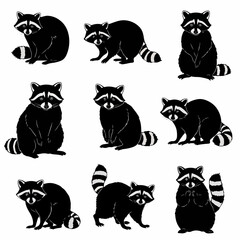 Obraz premium Cute raccoon animal silhouettes isolated against elegant white background