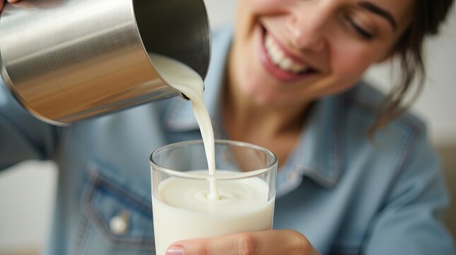 Happy young woman pouring fresh organic milk into a glass.