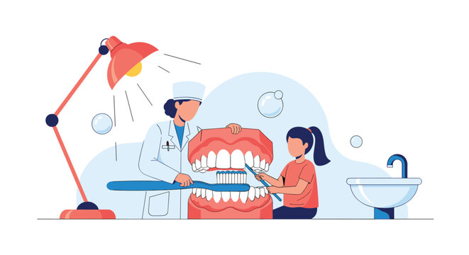 Pediatric dentist teaching a young girl proper tooth brushing techniques using a large anatomical model of human jaws and teeth.