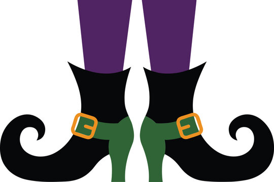 Witch legs wearing black pointed boots with green buckle straps and purple stockings on white background