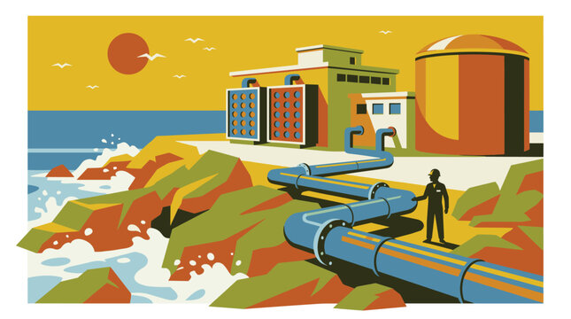 Large industrial water desalination plant or power station located on a rocky coastline during a scenic sunset over the ocean.