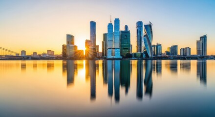 Fototapeta premium A golden sunrise glows over a modern urban skyline, reflecting perfectly in the glass-like surface of a calm river at dawn's first light, reflection, golden, glow