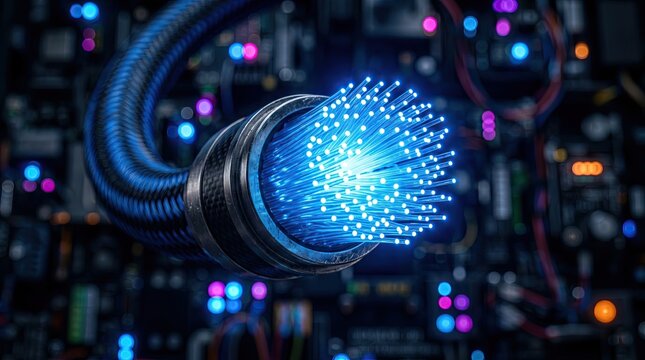 Illuminated blue fiber optic strands emerging from a metallic cable against a blurred high-tech background, high-speed internet and data transfer concept