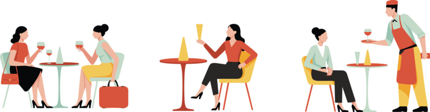 Set of diverse people dining at a restaurant with women drinking wine and a professional waiter serving customers isolated on white background