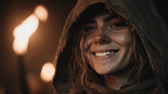 Medieval woman in old sackcloth robe smiling softly with warm lantern light background, rustic historical atmosphere with fantasy village mood
