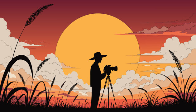 Silhouette of photographer with camera on tripod at sunset