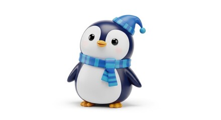 Obraz premium Cartoon penguin wearing a blue hat and scarf character