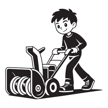 Young Man Using Snow Blower for Winter Yard Maintenance and Path Clearing Vector Illustration