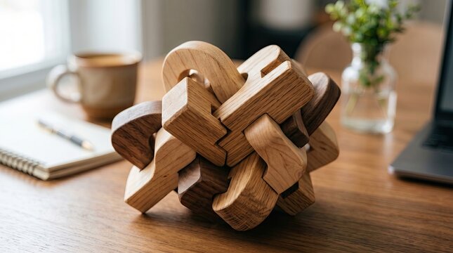 Complex interlocking wooden puzzle blocks on a desk in a modern office, business problem solving and teamwork strategy concept