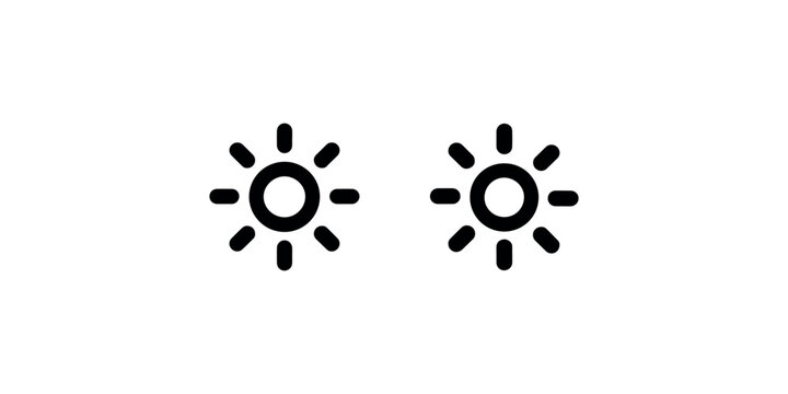 Two sunshine brightness level symbols set featuring minimalistic sun rays sunburst graphic design for web interface screen display backlight control adjustment.