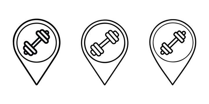 Three fitness location map marker pin icons featuring dumbbell weight equipment inside circle map pointer for gym locator search health sport facility.