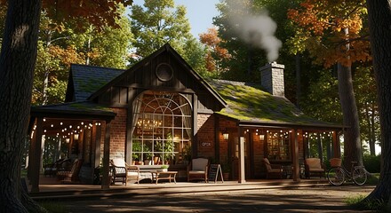 Fototapeta premium Rustic cabin nestled in an autumn forest, illuminated by warm string lights and a smoking chimney, creating a picturesque and inviting evening scene