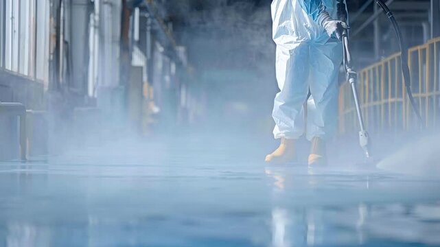 Professional cleaner in a white hazmat suit using a high pressure washer with a surface cleaning attachment to sanitize and wash the floor of a large industrial building or warehouse