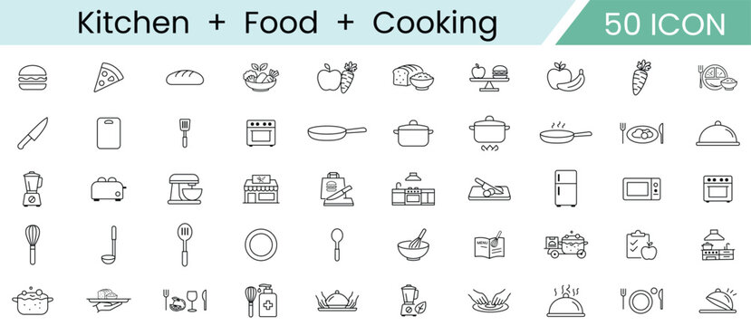Collection of fifty kitchen food and cooking related icons isolated on transparent background