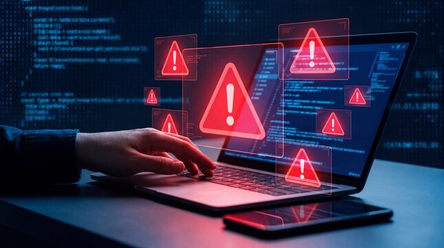 Cybersecurity alert with glowing warning symbols over a laptop screen and hand typing code in a dark room concept
