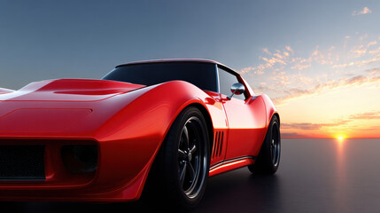 Fototapeta premium A vibrant red classic sports car is showcased against a beautiful sunset with soft clouds creating an idyllic and evocative scene of automotive elegance.