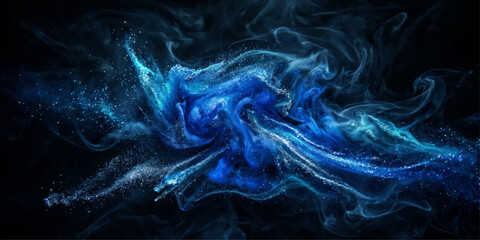 An abstract design featuring a smooth wave of blue and purple smoke flowing in a motion curve against a dark black background, creating a swirling flame of light and energy © YEASMIN