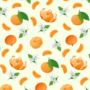 Light background with whole and peeled tangerines.Vector seamless pattern with whole and peeled tangerines on a light background.