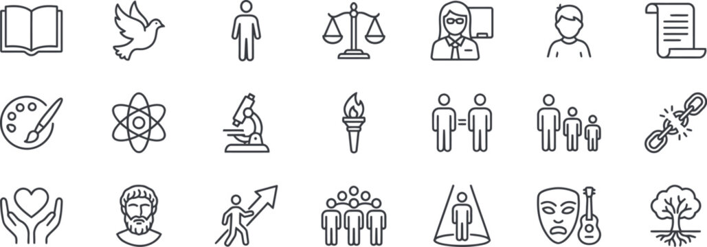 Humanism and Social Science Line Icon Set: Ethics, Philosophy, Human Rights, and Education Symbols