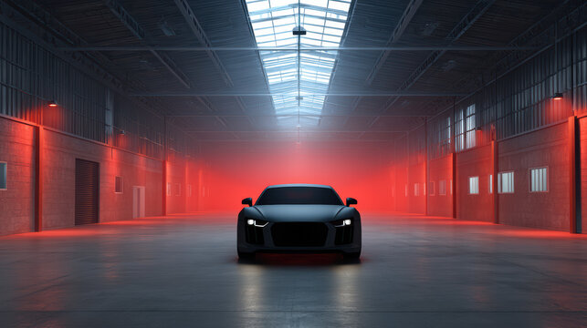 A sleek black sports car sits prominently in a vast industrial warehouse illuminated by dramatic red lighting and a skylight above casting a cool glow on the scene.