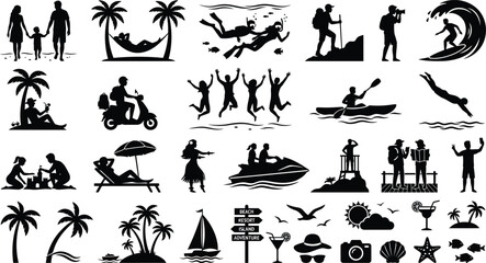 Obraz premium Vacation beach and water sports icons collection isolated on white background, Vector
