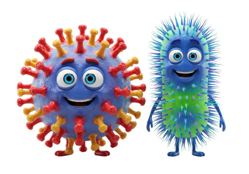 A colorful spherical virus and rod-shaped bacteria with smiling faces and expressive eyes on a white studio background. Playful microbial life atmosphere