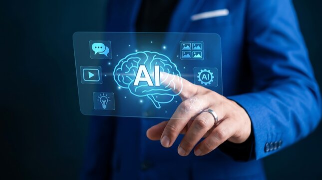 Close-up of man's hand touching a holographic AI brain interface with data icons artificial intelligence hologram interface technology innovation computer