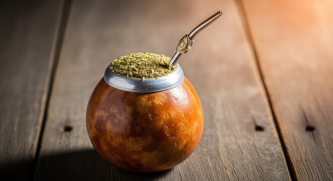 A natural calabash gourd filled with loose leaf yerba mate tea and a metal bombilla straw rests on a rustic wooden surface in warm light, agriculture, wood, straw