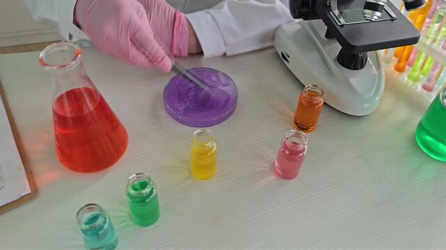 Experiments with colorful liquids in a lab setting during daytime